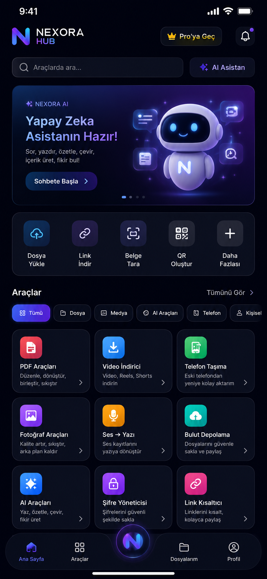 Nexora Hub mobil arayüzü